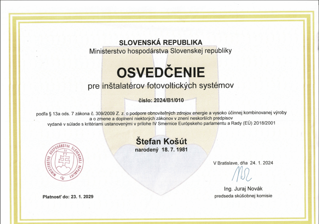 Osvedčenie Ministerstva hospodárstva SR pre certifikovaného inštalatéra fotovoltických systémov.
